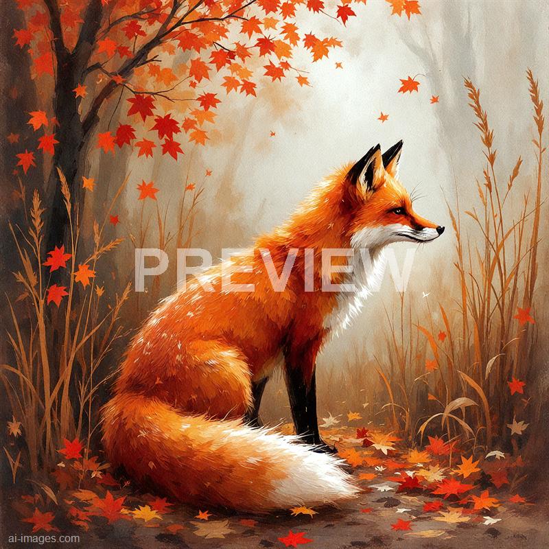 A beautifully illustrated scene of a red fox sitting on a forest floor covered with fallen autumn leaves. The background features a misty, subdued landscape with tall grasses and a tree with vibrant red and orange leaves. The fox is depicted with detailed fur, alert eyes, and a calm, contemplative expression, blending seamlessly with the autumnal setting.